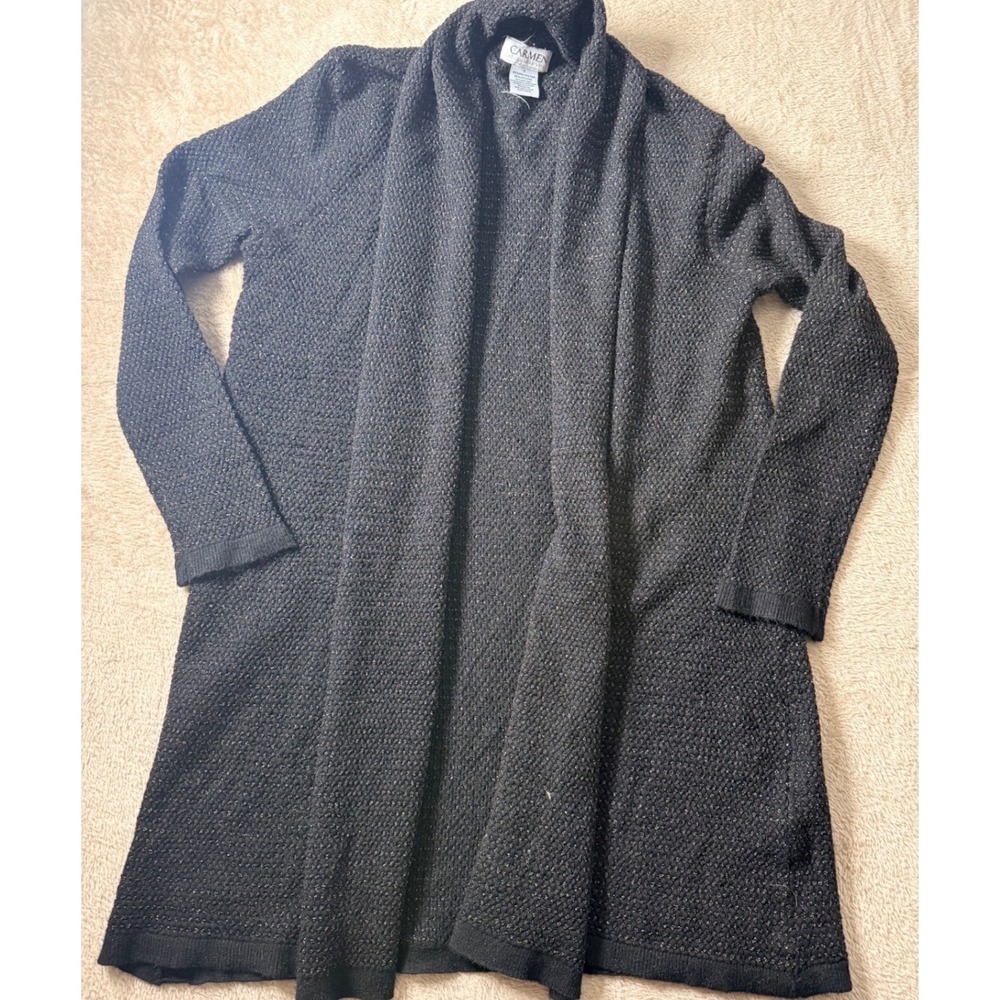 Carmen Marc Valvo Black Metallic Knit Shawl Open Cardigan L Witchy Whimsigoth